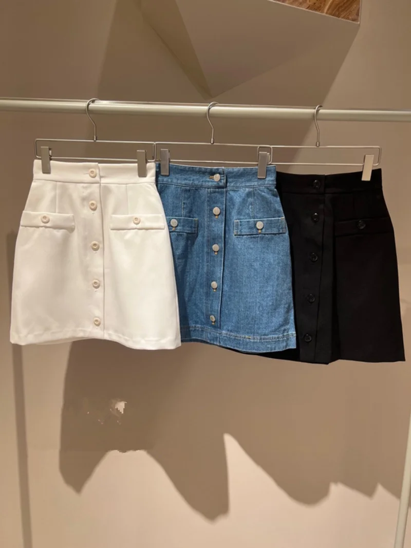 

2023 Summer New Women Jupes High Waist Single Breasted Hip Package Denim Skirt Japanese Style A-line Mujer Faldas