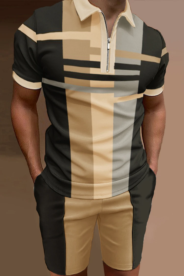 2023 Men Fashion Geometric 3D Printed Summer V-neck Zipper Short Sleeve POLO Shirt + Shorts Two-piece Men Casual Suit Oversized