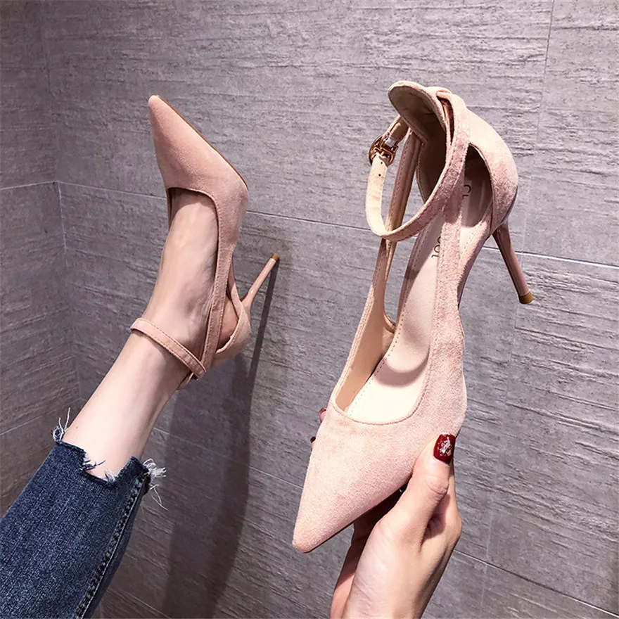 

2022 Concise Flock Stiletto High Heels Women Pumps Autumn Pointy Toe Black Buckle Hollow Office Ladies Dress Shoes Shallow 34-41