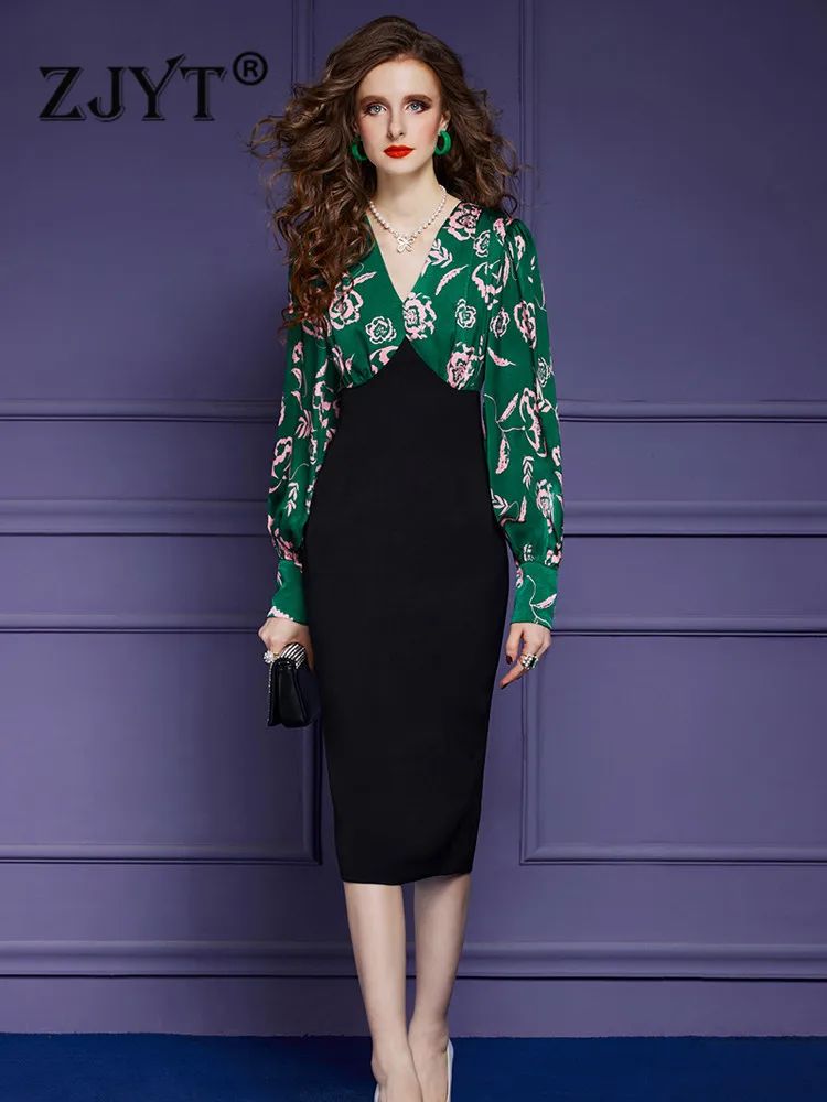 

ZJYT 2023 New Designer Fashion Women Spring Dresses Floral Print Patchwork Long Sleeve Vestidos Elegant 5XL Clothing Office Wear