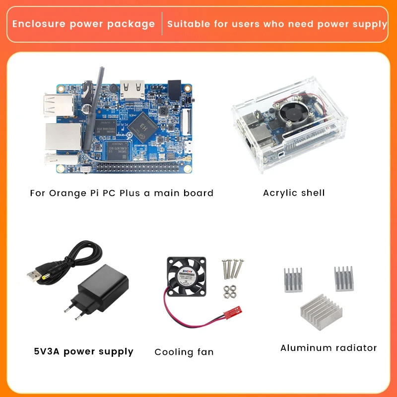 

New For Orange Pi PC Plus Allwinner H3 1GB DDR3+8GB EMMC Development Board+Shell+Cooling Fan+Heat Sink+Power Supply