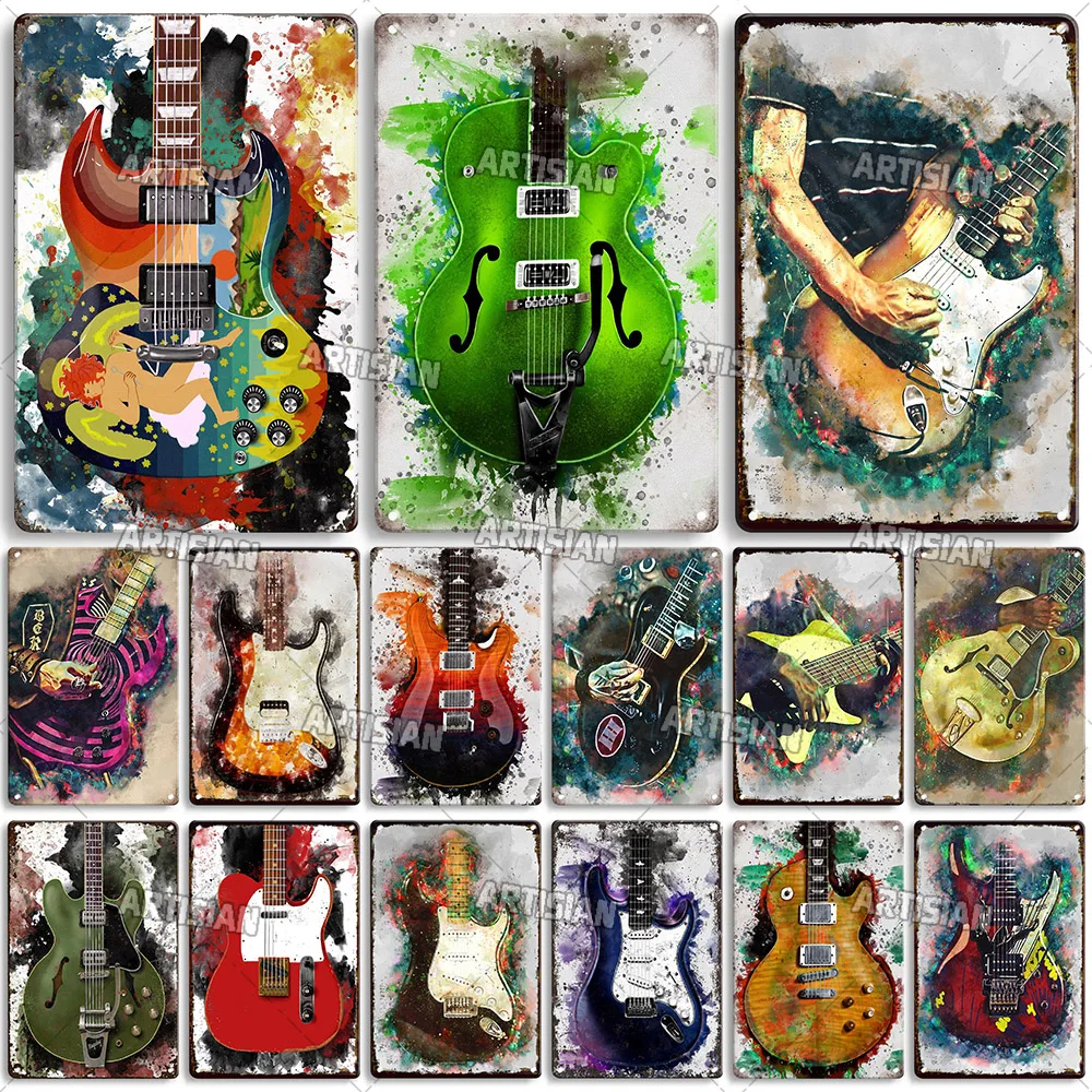 

ARTISIAN Классическая картина акварелью, декоративный постер, винтажная гитара, металлический знак, музыкальный металлический налет, домашний ...