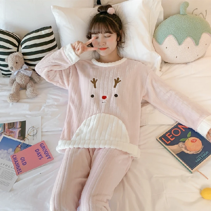 

Зимняя Пижама, Женский утепленный Бархатный комплект из двух предметов с круглым вырезом из кораллового бархата, милая Одежда для лица, Жен...