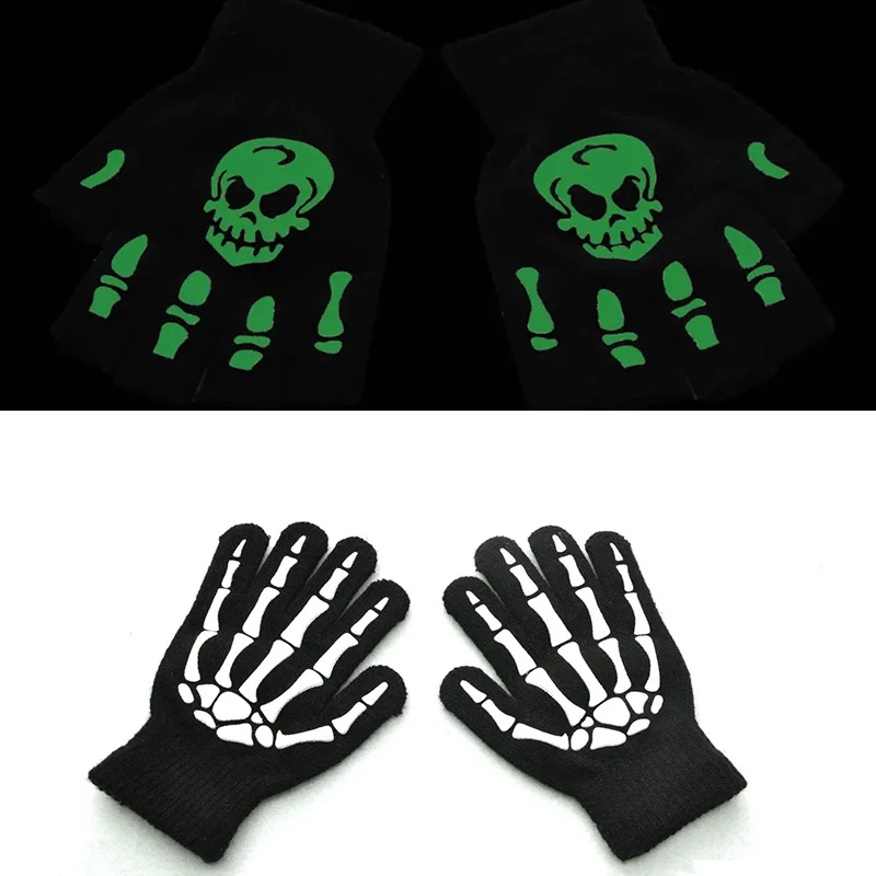 

Adult Kids Halloween Skeleton Skull Half Full Finger Luminous Gloves Winter Fingerless Mitten for Cycling Party Festive Event