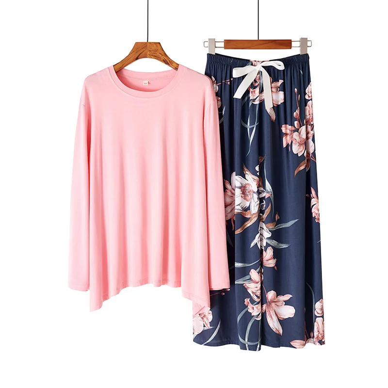 Japanese New Style Ladies Pajamas Simple Floral Large Floral Long-sleeved Trousers Home Service Two Piece Set Sleepwear