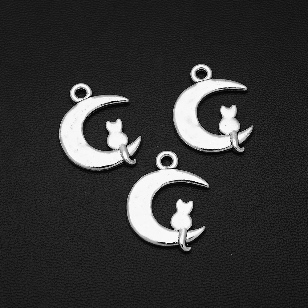 

10pcs/Lots 18x24mm Antique Silver Plated Cat Sitting On The Moon Charms Crescent Pet Pendant For Diy Jewelery Accessories Crafts