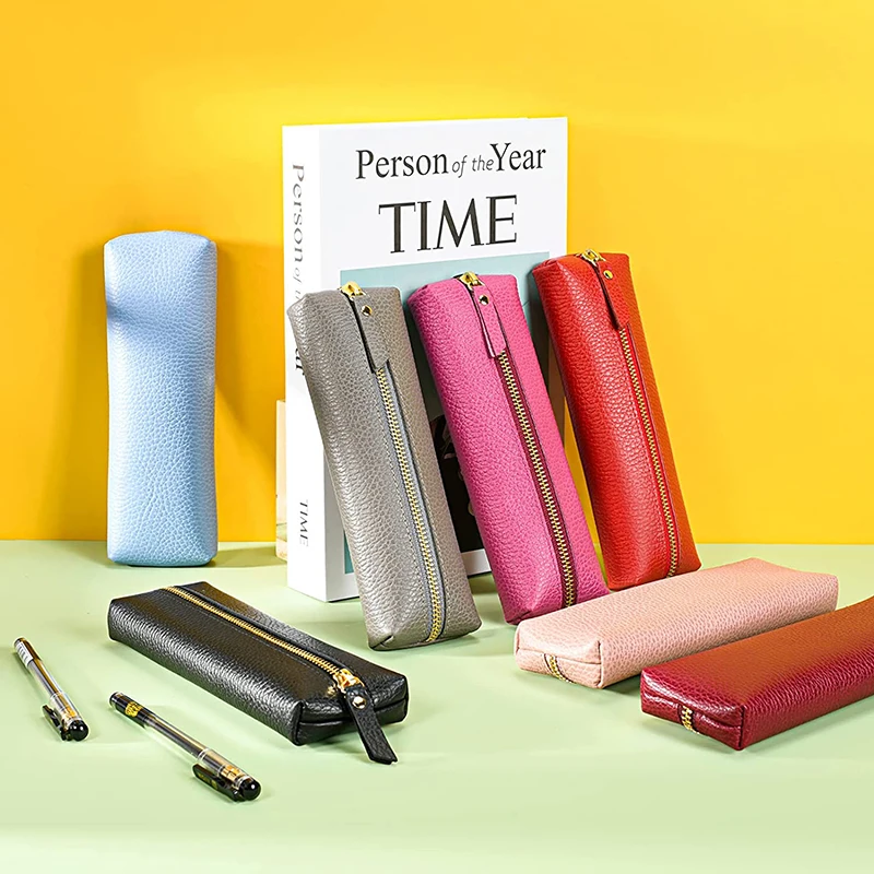 

Vintage Leather Pencilcase Zipper Pen Holder Portable Mini Handmade PU Pencil Case For Writing Matreials Stationery Storage Gift