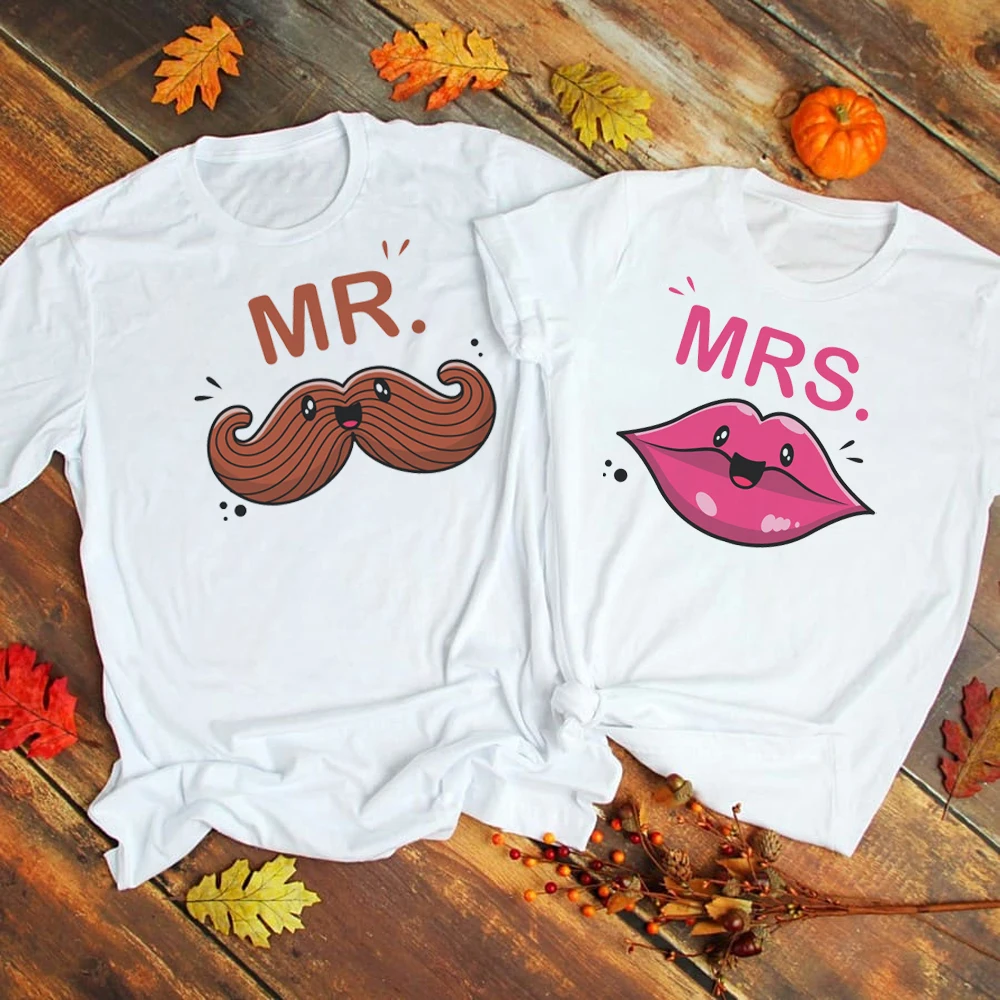 Mr Mustache Mrs Lip Couple Matching T-shirt Short Sleeve O-Neck Summer Funny Graphic Tops Tee camisetas de mujer Harajuku