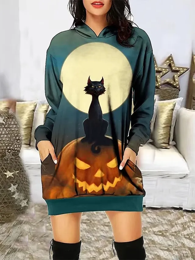 

Женское платье с капюшоном на Хэллоуин, Повседневная Свободная Женская одежда, модная Карнавальная кофта, свитер с забавным рисунком тыквы