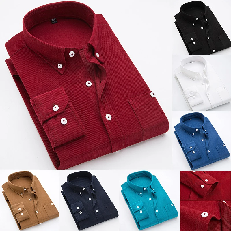 Men's Slim Fit Long Sleeve Dress Shirt Business Casual Corduroy Button-down Shirt Retro Casual Plus Size Shirts