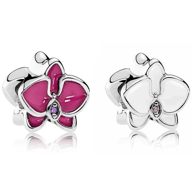 

Authentic 925 Sterling Silver Moments White Red Enamel Orchid Flower With Crystal Charm Fit Pandora Bracelet & Necklace