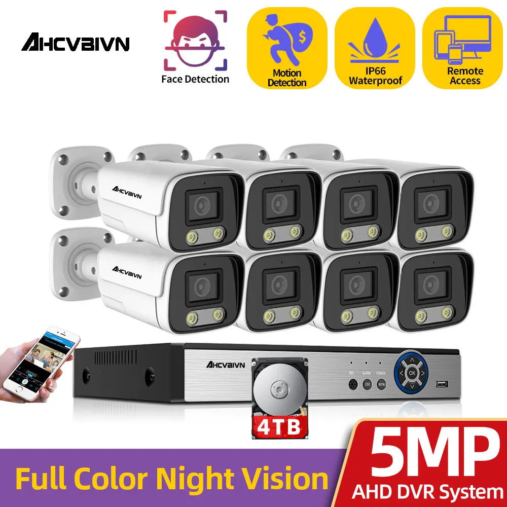 

8CH H.265+ P2P 4K DVR Outdoor Waterproof Home BNC CCTV AHD Camera Security System Kit 5MP Color Night Vision Surveillance System