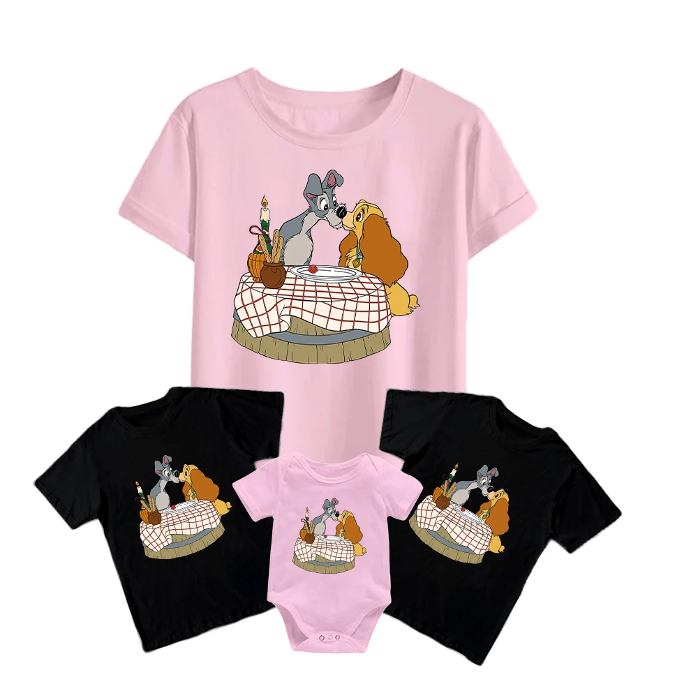 

Family Look Fashion Disney Lady and The Tramp T-Shirt Aesthetic Kids Short Sleeve Baby Romper Unisex Adult Summer Casual New