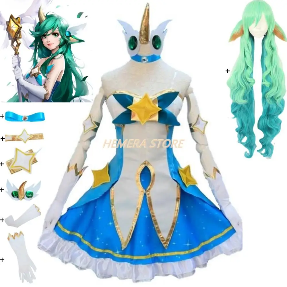 

Game LOL Star Guardian Of Soraka Cosplay Costume The Starchild Wig Ears Horn Anime Lolita Dress Halloween Sexy Women Green Suit