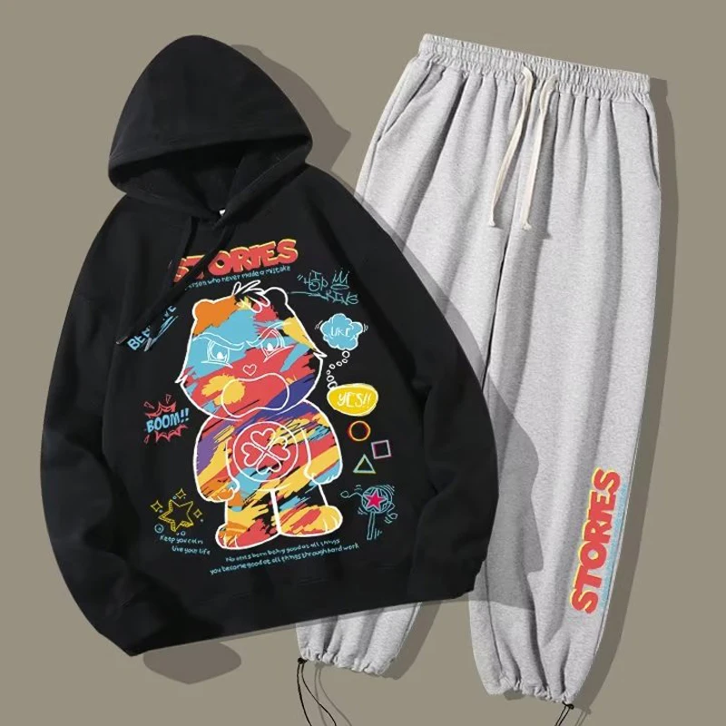 

Men's Sweatshirts Colorful Cartoon Print High Quality Tracksuits Set Oversized Hoodie Pullover