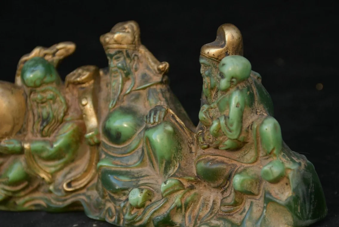 6 дюймов старый зеленый нефрит позолоченная резьба 3 долголетия Бог Фу Лу Шоу