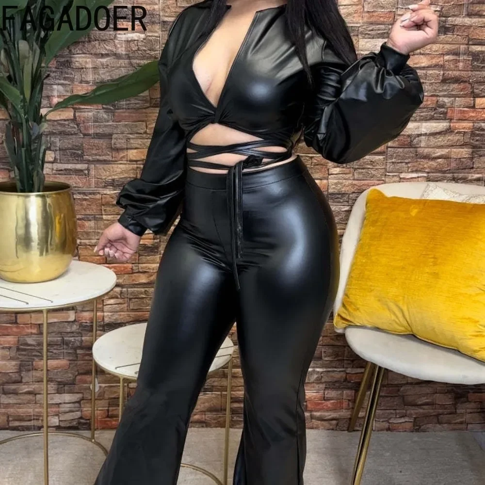 Модные облегающие брюки из искусственной кожи FAGADOER комплект двух предметов