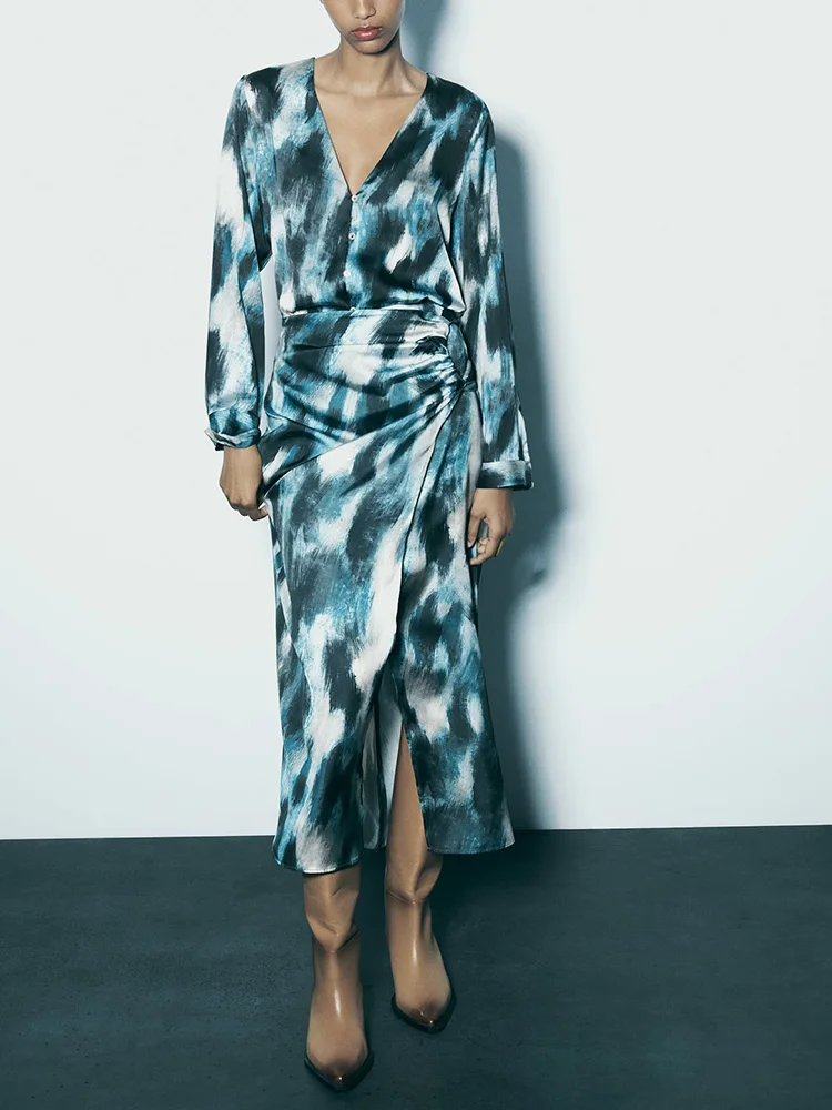 

Fashion Print Skirts Sets Outfits Buttton Up Blosue And Gathered Front Slit Long Skirt Two Piece Set For Women Clothing 2023