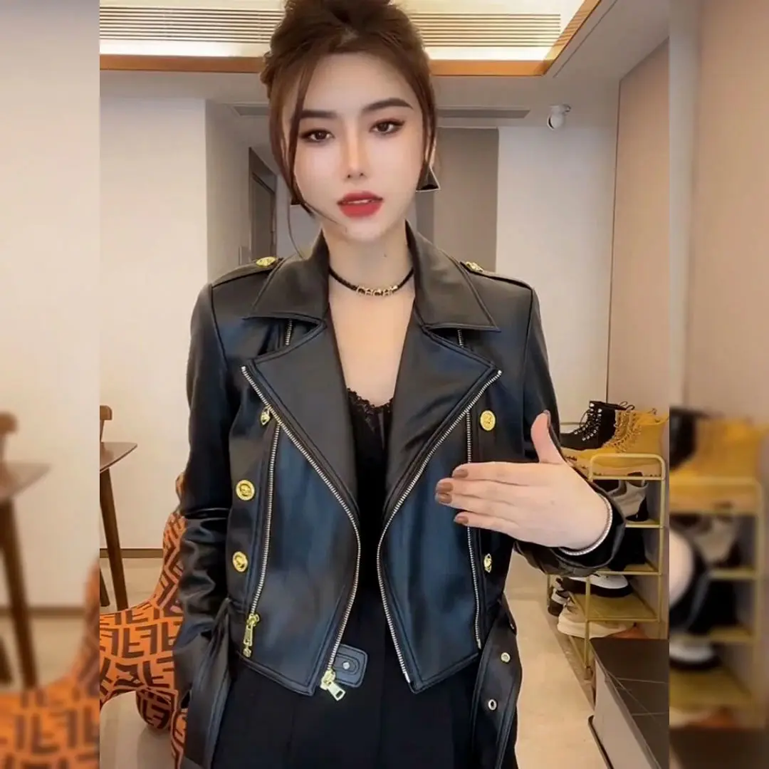 1pcs Women's PU Leather Jackets Coat 2022 Autumn Fashion Faux Fur Sequins Splicing Zipper Ladies Skinny Locomotive Small Coats