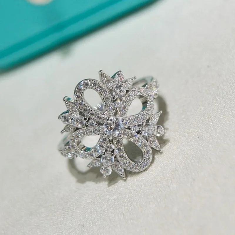 S925Серебряное кольцо со снежинками и цветами Снежинка Victoria Key Full Diamond High Carbon
