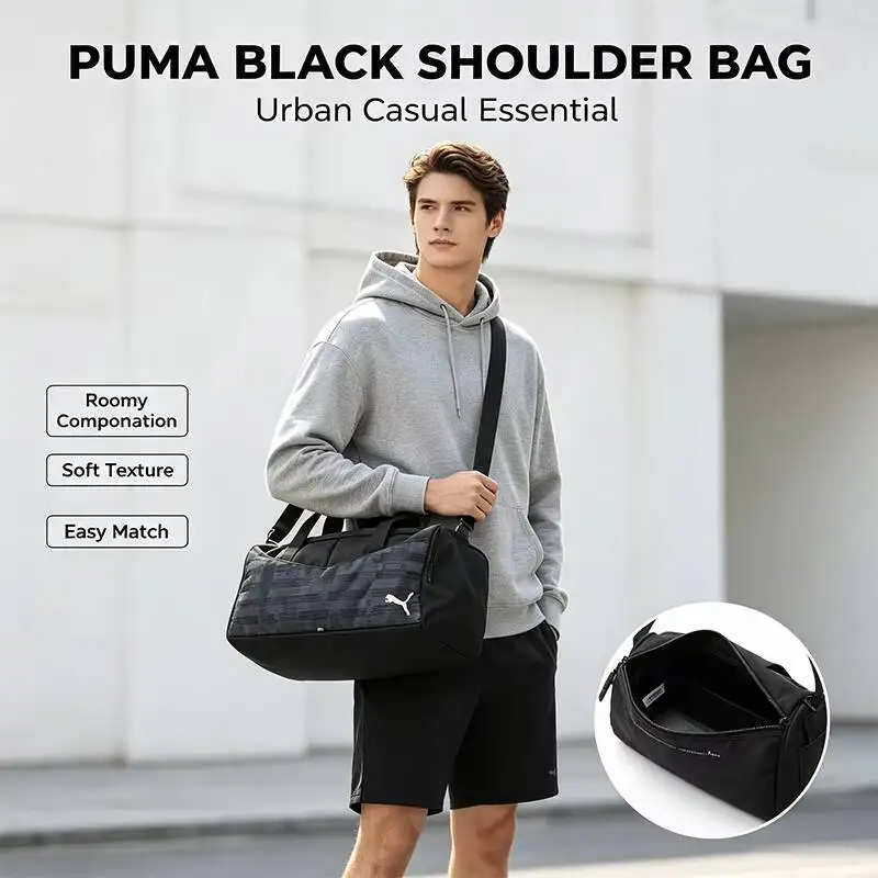 Фото Спортивная сумка-кроссбоди Puma, черная, на плечо, с регулируемым ремнем, легкая, прочная, универсальная, для повседневного уличного стиля, кэжуал-сумочка №2