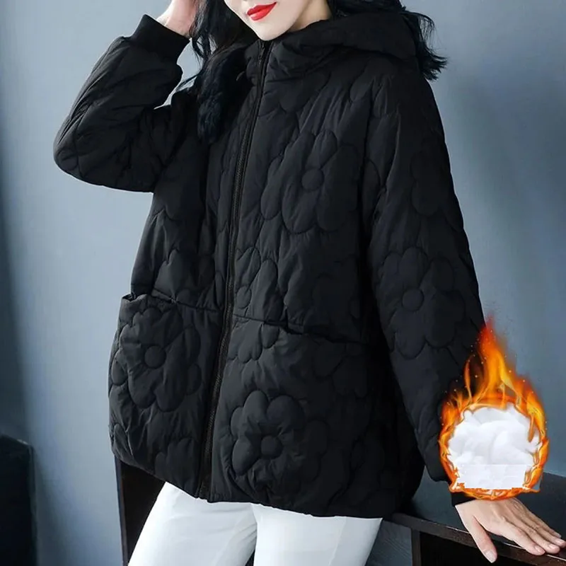 Oversized Casual Hooded Windproof Thicken Cotton Padded Warm Coats Korean Big Size 4xl Winter Elegant Wear Jacket Parkas