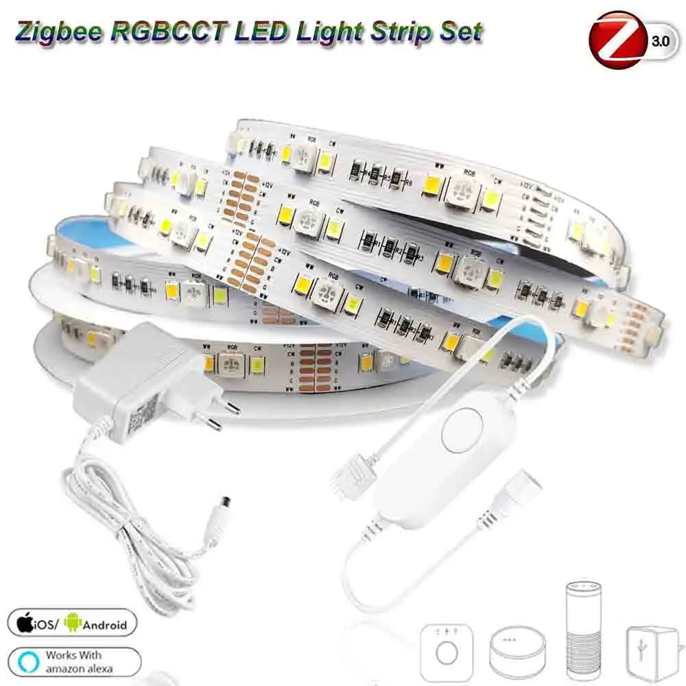 

Светодиодная лента 5 м 12 В постоянного тока 5050 RGBCCT RGBCW 90led s/M, Светодиодная лента Zigbee RGBCW, мини контроллер, комплект питания для Smartthings ZIGBEE 3,0 Echo ...