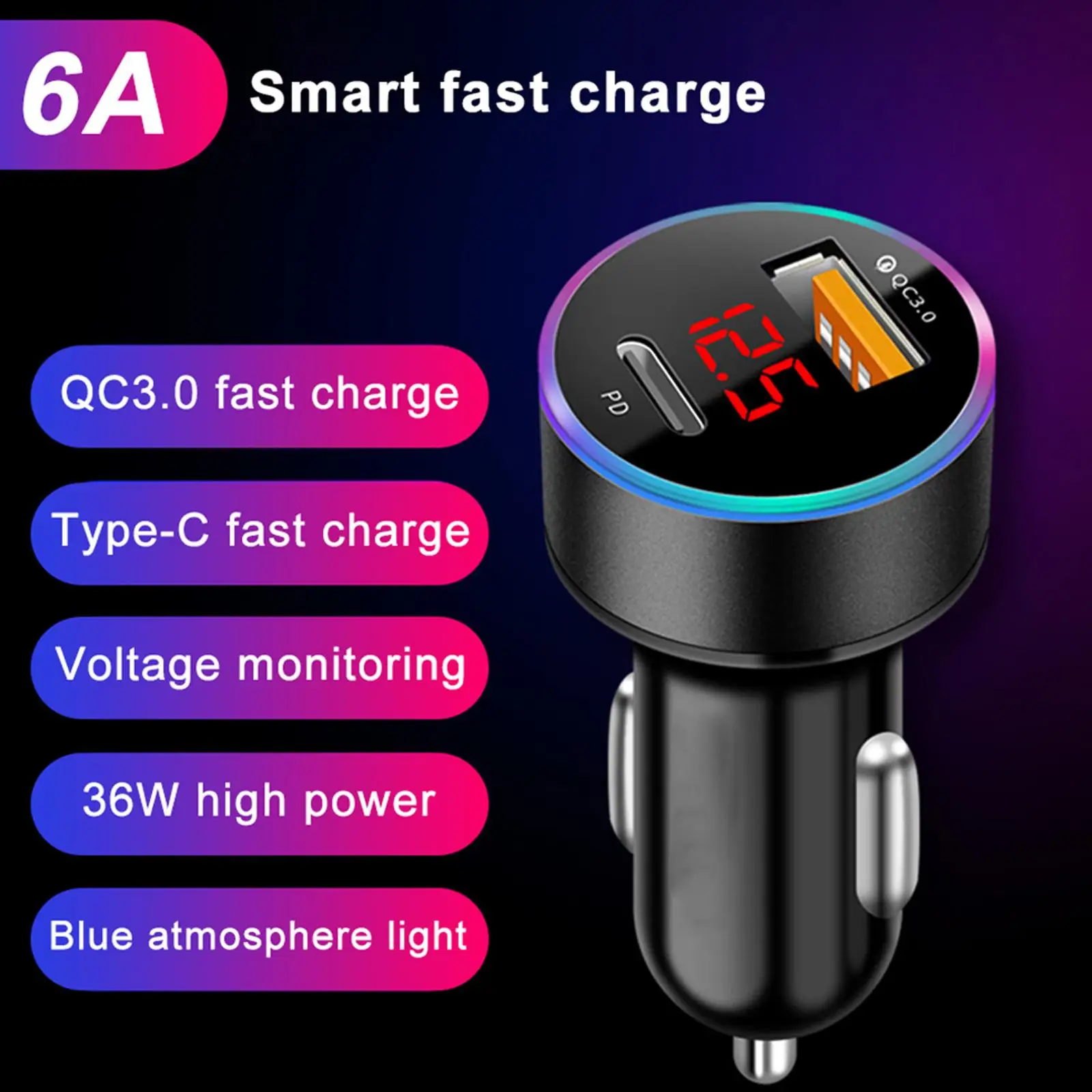 Автомобильное зарядное устройство PD + Qualcomm быстрая зарядка 3 0 автомобильное USB 6 а