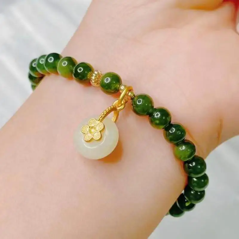 

6mm Women Green Jade Bracelet With White Jades Stone Donut Charms Genuine Hetian Jade Nephrite Diy Bracelets Jasper Bangles
