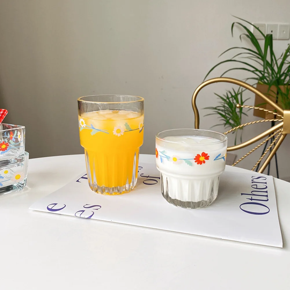 

4Pcs Pastoral Style Cup Daisy Pattern Glass Transparent Coffee Cups for Home