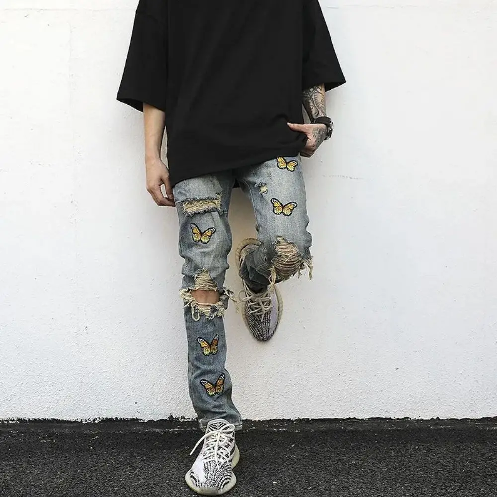 Jeans Men Embroidery Ripped Holes Straight High Street Straight Retro Punk Pants Fashio Hip Hop Streetwear Harajuku Butterfly