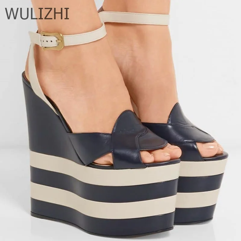 Women Red White Stripe Heightened Platform Sandals Leather High Wedge Open Fashion Heels Mixed Colors Peep Toe Modern New Shoes
