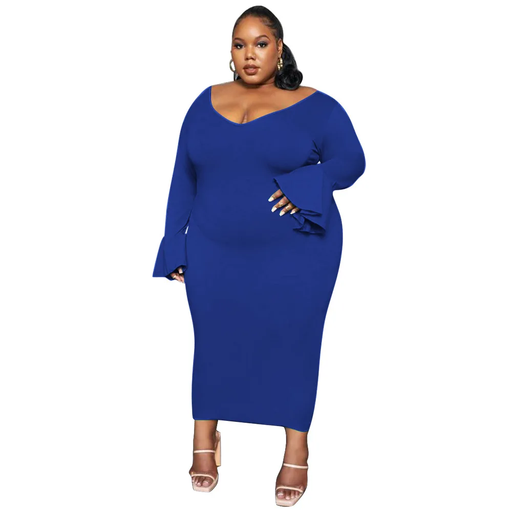 Plus Size Solid Sexy Bodycon Dress For Women Autumn V Neck Flare Sleeve Skinny Lady Vestidos Night Club Party Robes Female Wear