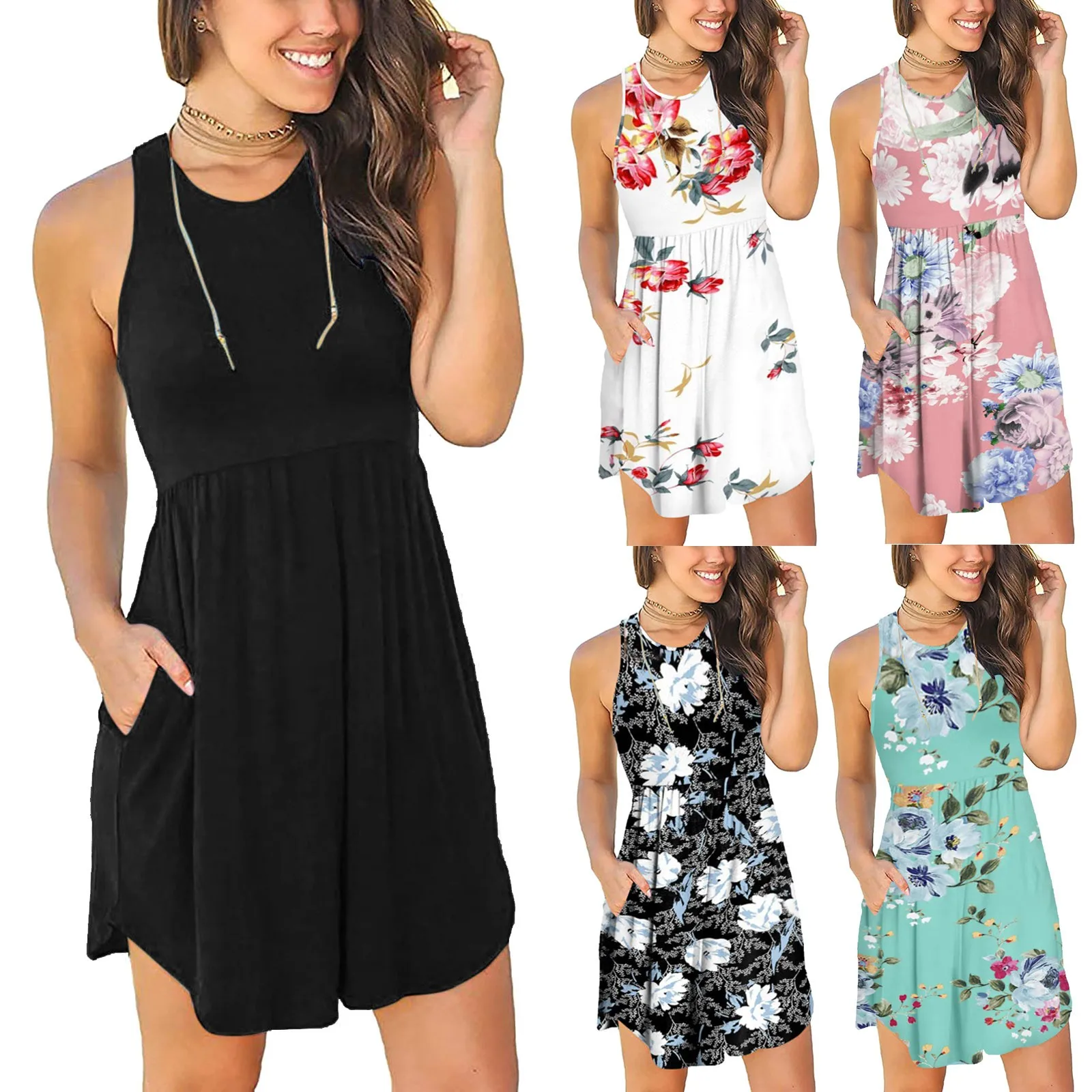 

Sexy Mini Dress Casual O-neck Summer Women Vintage Flower Print Sleeveless Vestidos Beach Holiday Elegant Party Dresses Sundress