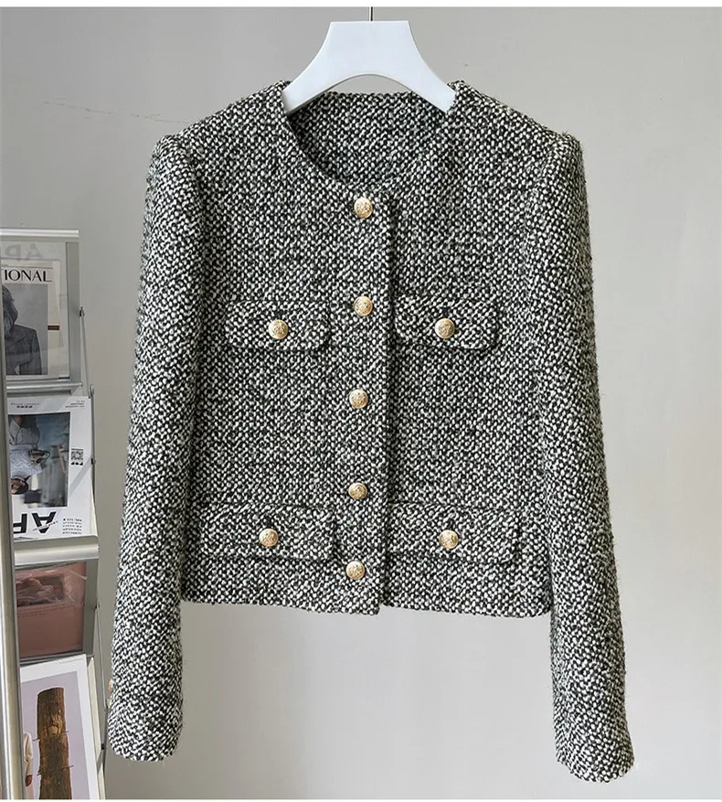 

Spring Autumn France Style Women's High Quality 80%Wool Tweed Jackets Elegant O-neck Coat C905