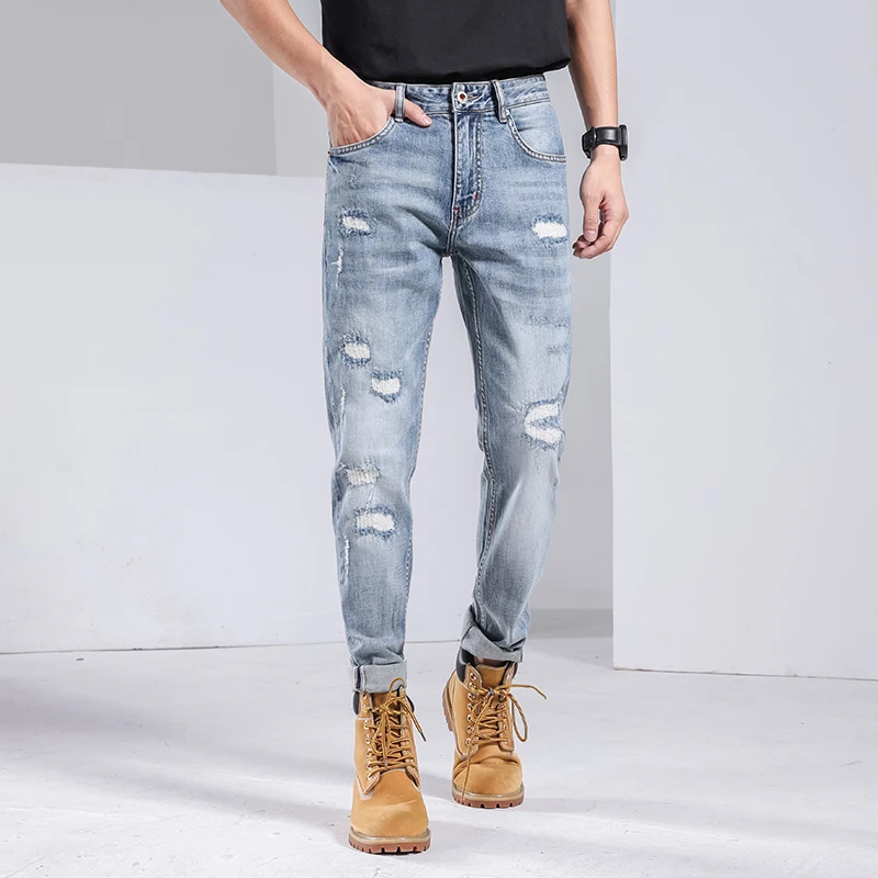 Spring Summer Light Weight Ripped Straight Fashion Street Jeans Men's Casual Stretch Denim Pants Male Mid-waist Trousers