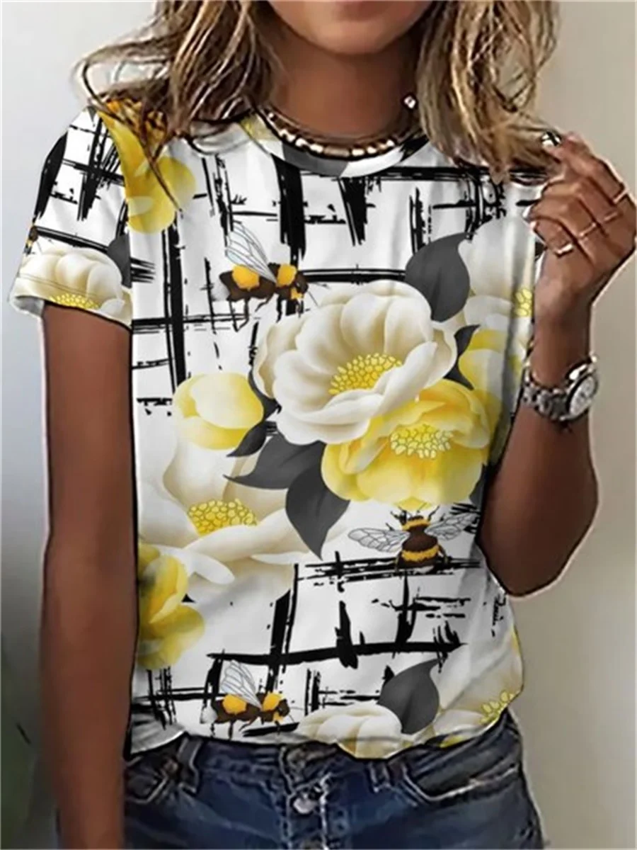 

Plants, Flowers, Animals, Cats, Kitty, 3D Art, Three-dimensional Printing, Summer Women's Fashion, T-shirts, Short-sleeved Tops