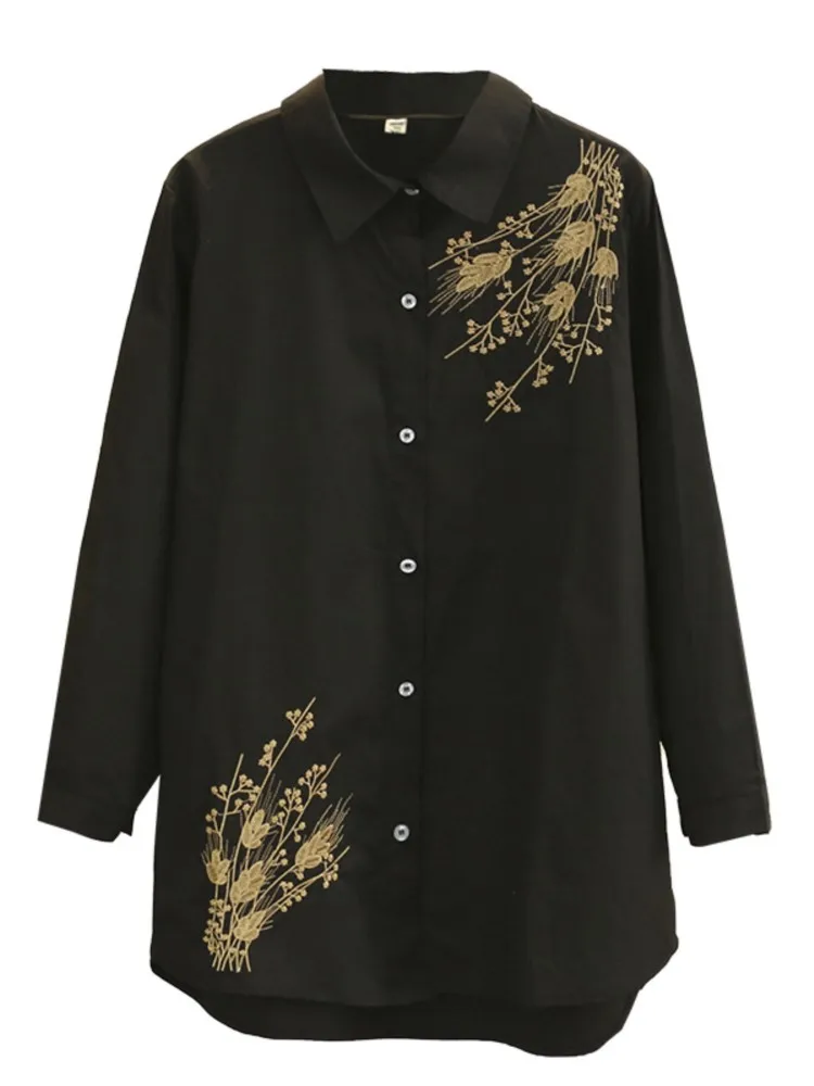 

Plus Size Shirt Women's Clothing 2022 Spring Fashion Ice Silk Cotton With Long Sleeves Gold Wheat Embroidery Tops