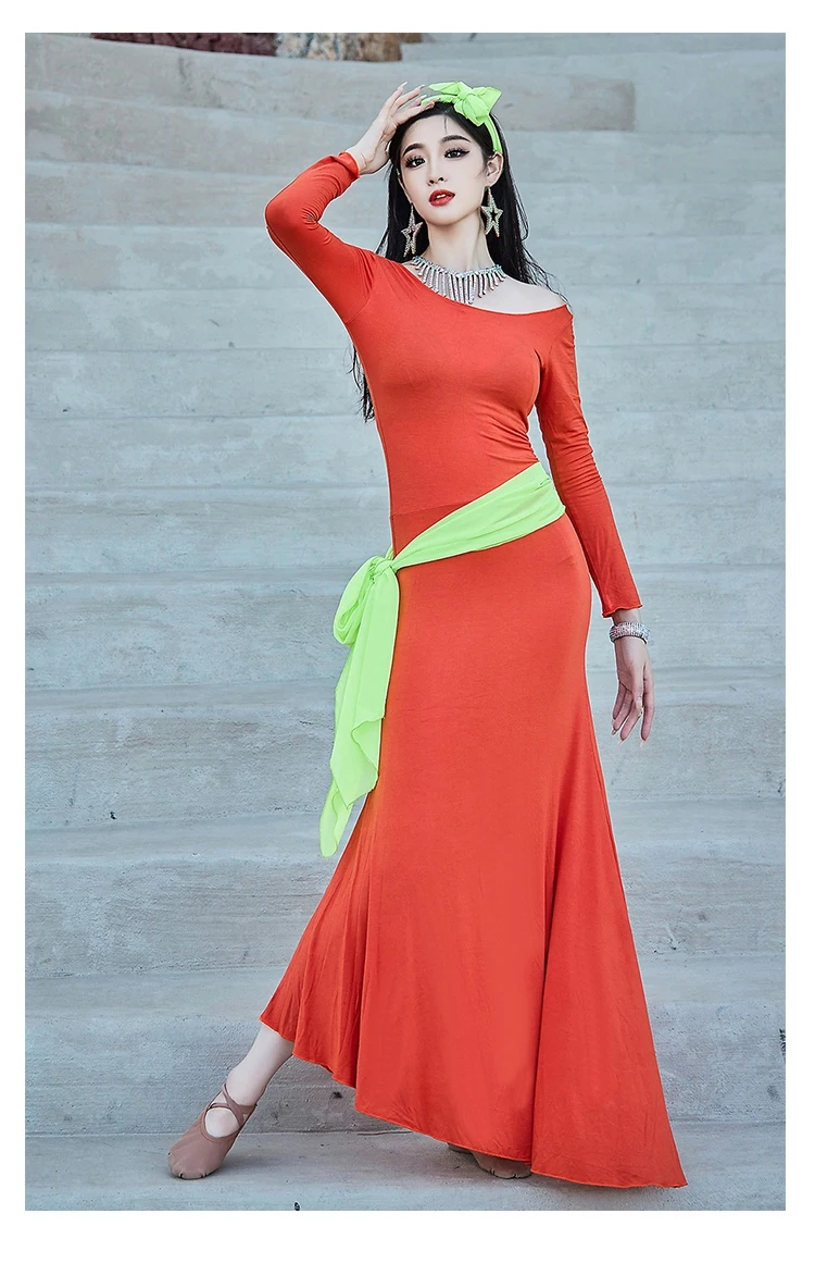 Новая одежда для танца живота удобное платье с длинными рукавами + бриллиантами