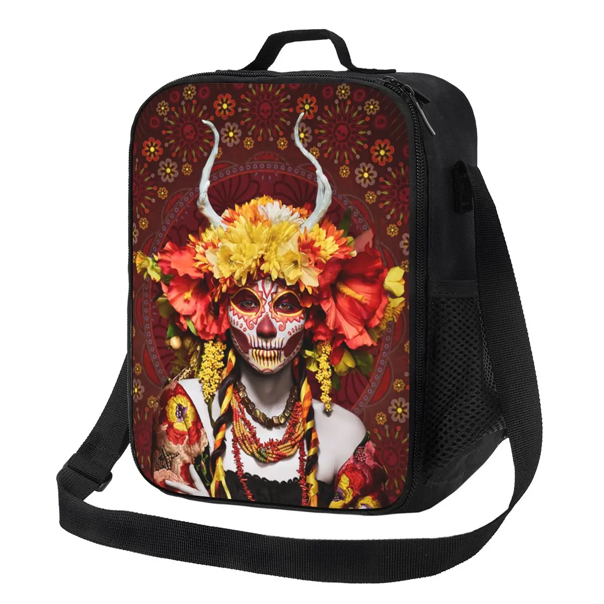

Horror Mexican Lady Halloween Insulated Lunch Bag for Work School Day Of The Dead Sugar Skull Leakproof Thermal Cooler Bento Box