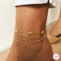 aide 925 sterling silver four cute little turtle charms chain anklets for women summer beach barefoot anklet stackable jewelry