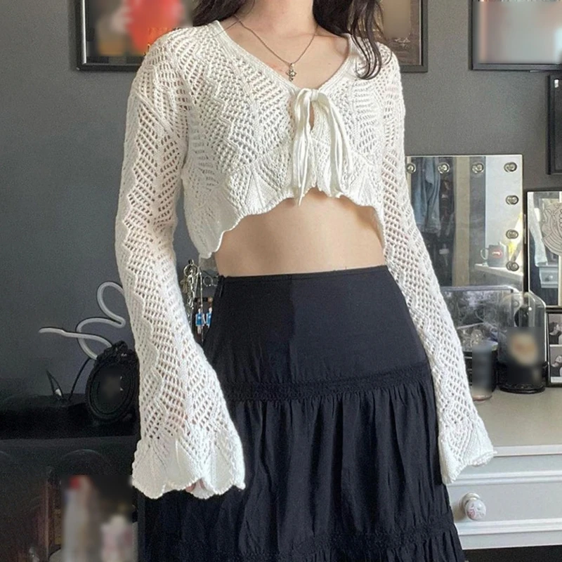 

Sweet Hollow Out Casual Cardigan Summer Flare Sleeve Cropped Tops Sun-proof Tie Front Blouse Shirt for Women Girls Lady
