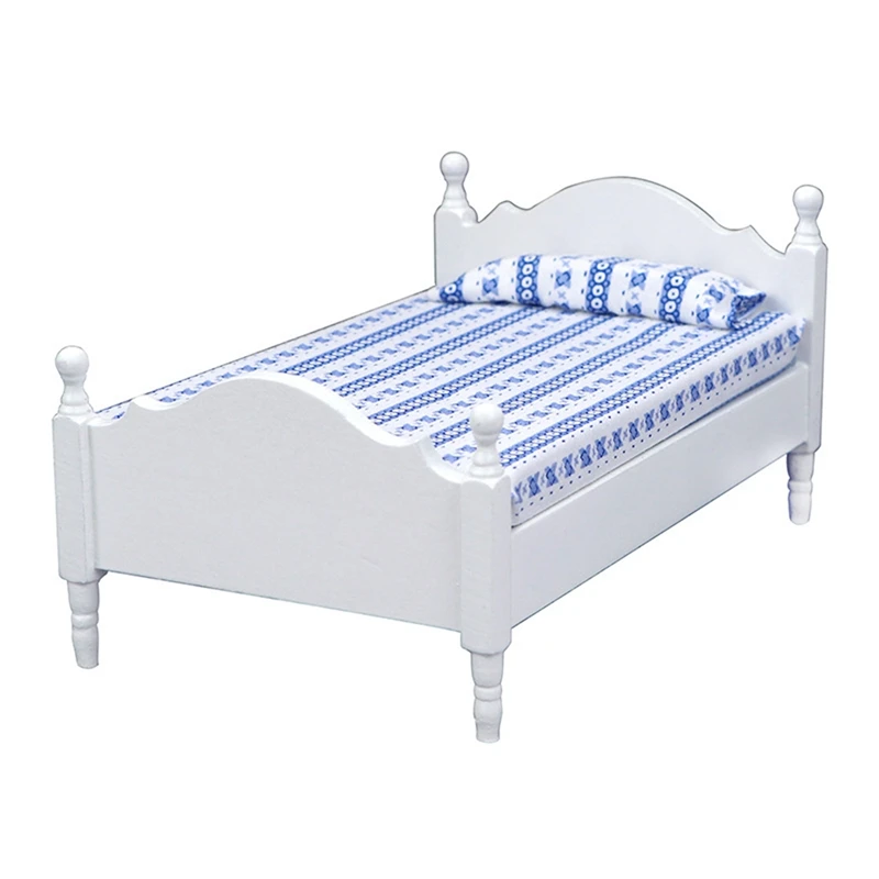 

1/12 Scale Dollhouse Wooden Single Bed With Mattress And Pillows For Doll House Bedroom Decorative Accessories