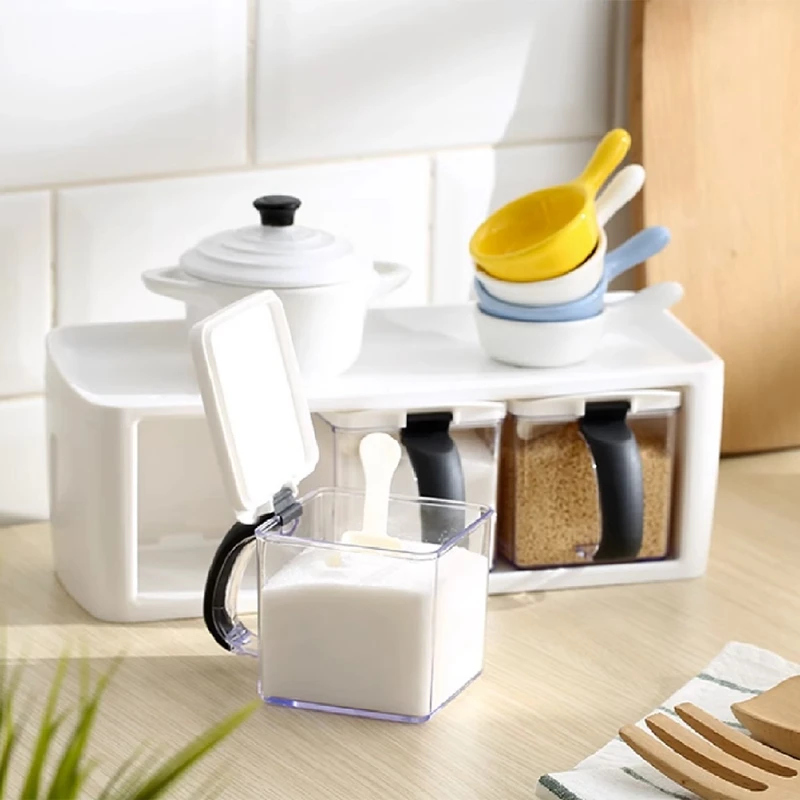 Стеллаж для специй с ручкой крышкой и ложкой 3 ячейки прозрачные кухонные емкости