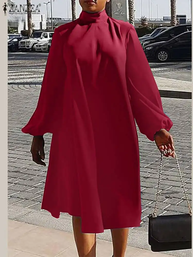 

Women High Neck Dress ZANZEA Fashion A-line Knee-length Dress Long Puff Sleeeve Vestidos Casual Loose Plain Robes Streetwear