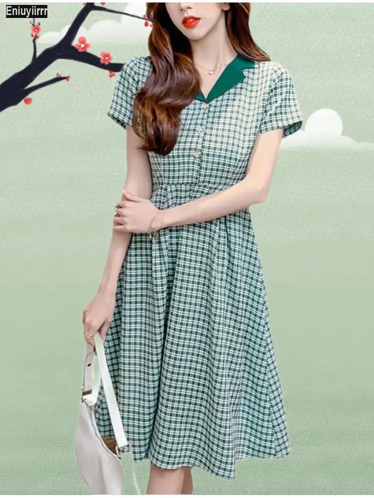 

Green Floral Surplice Front Hem Dress Women V Neck Short Sleeve Summer Boho High Waist Short A Line Plaid Shirt Dresses