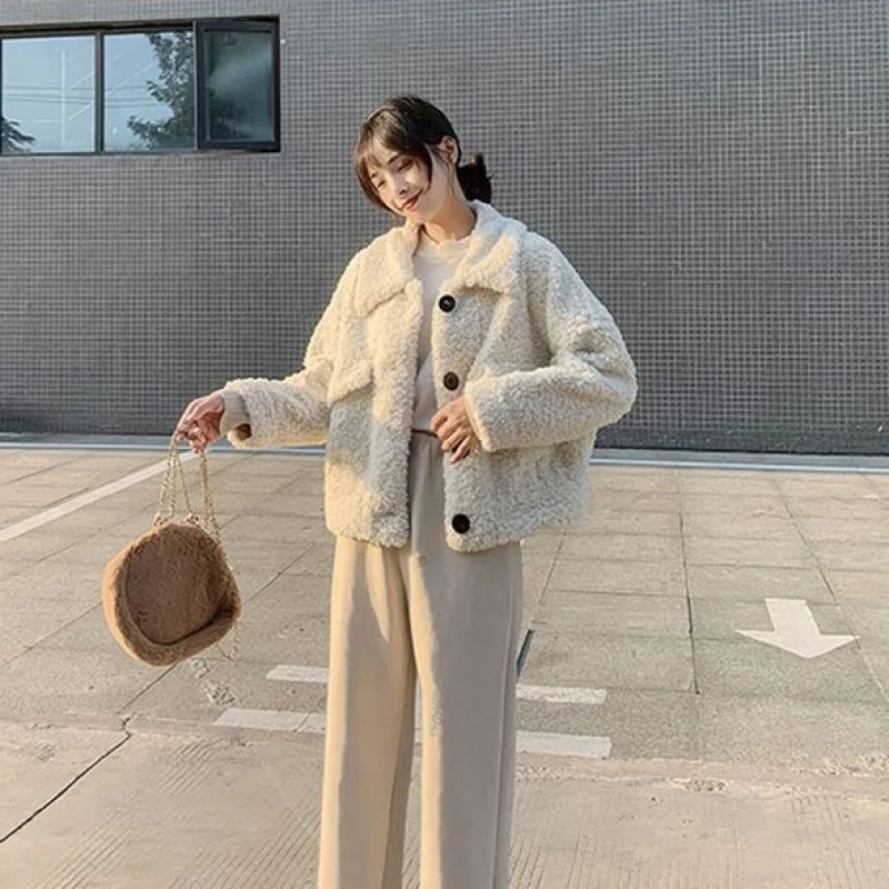 

2022 Winter Warm Teddy Lamb Fur Jacket Coats Women Casual Single Breasted Overcoat Fluffy Cozy Turn-down Collar Fleece Outerwear
