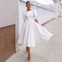 simple short wedding dress 2022 summer short puff sleeves backless o neck ankle length bridal party gowns satin for women sexy