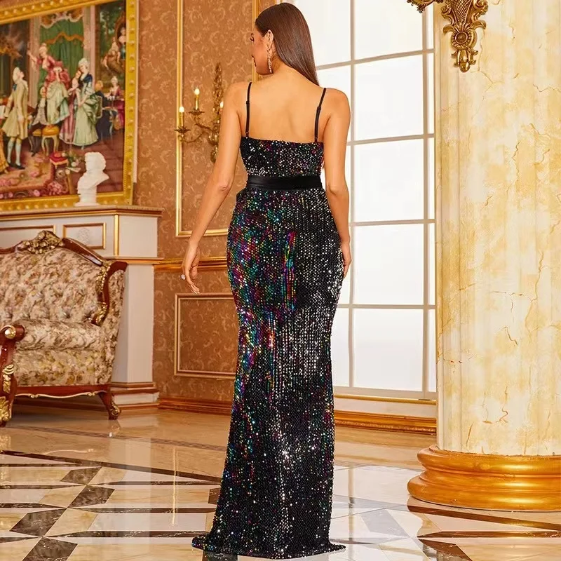 2022 NEW Summer Vestidos Split Thigh Belted Sequined Formal Dress Spaghetti Strap Women Maxi Dress Sexy Evening Party Solid Prom
