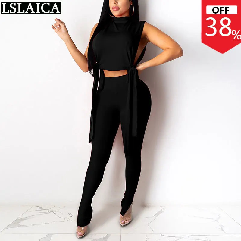 

Two Piece Set Women Casual Fashion Summer Sleeveless Bandage Crop Tops and Long Pants Sets Streetwear Solid Sexy Suit 2022 New